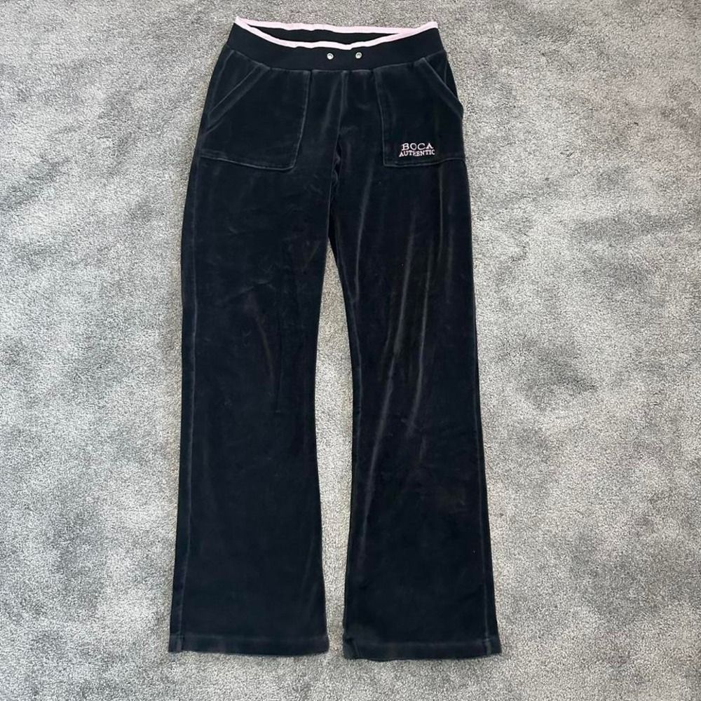 Boca Authentic black velour flared sweatpants with pink accents